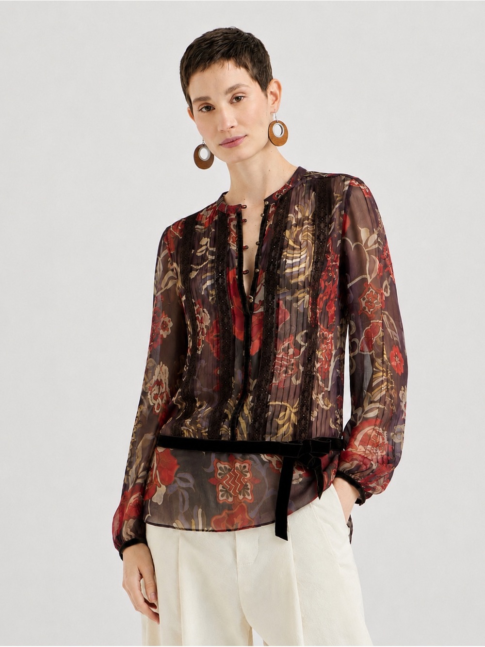 Karen Mullen Vintage Style Sheer Printed Silk Drop Waist Blouse - 6